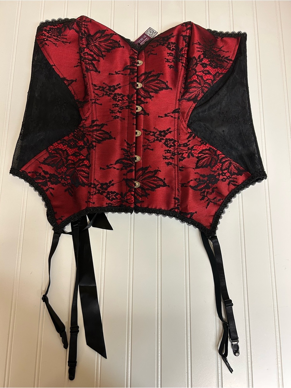 Adore Me Red Black Lace Garter Corset Lingerie Busk Front Lace Up Back 2X